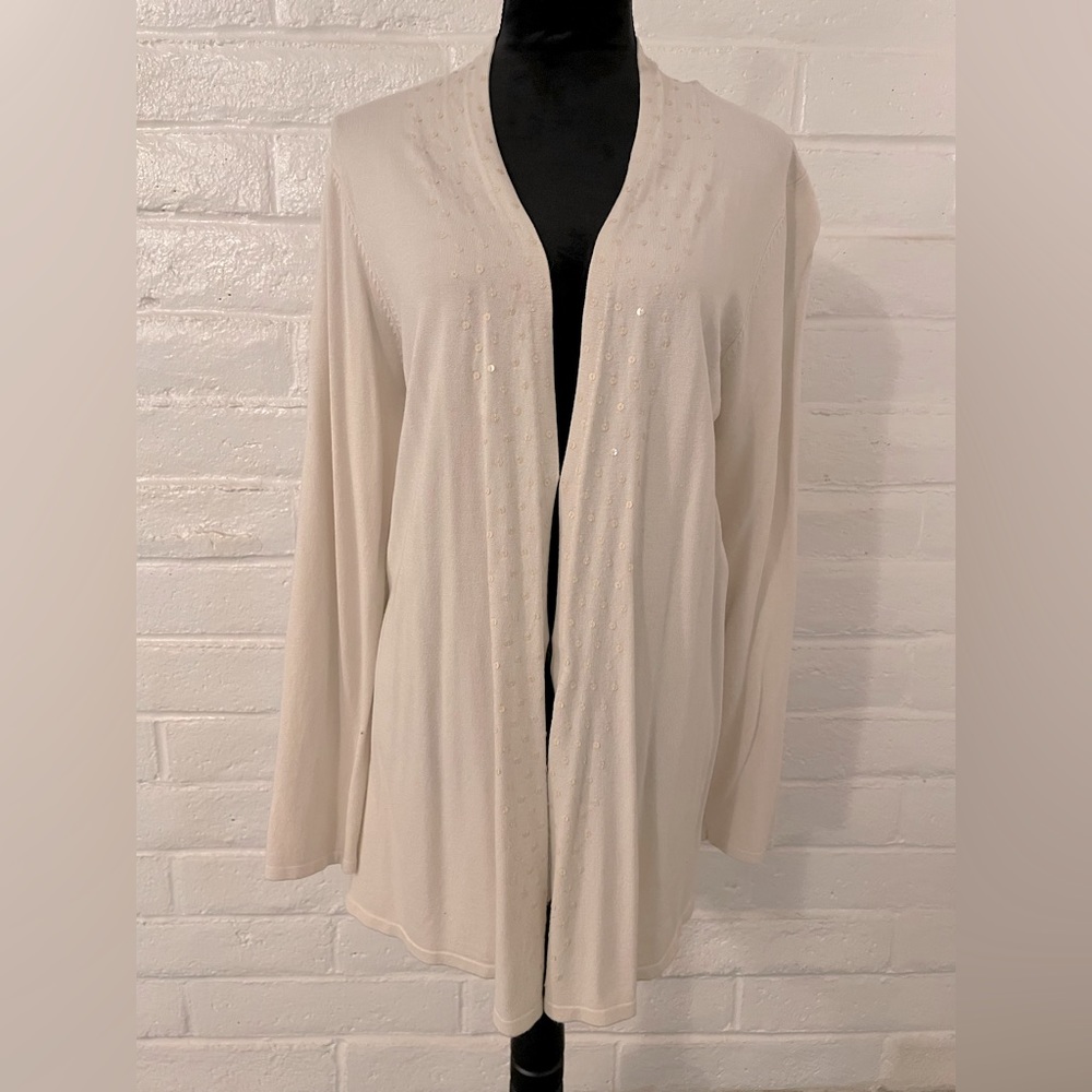 Emma James, Cream long open front cardigan with sequin embellishments, size L